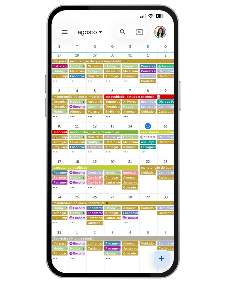 Agenda mensal do Rotina Flex com os compromissos coloridos por categoria