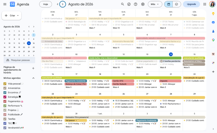 Print real do Google Agenda da Jayne mostrando o mês organizado em blocos coloridos por categoria
