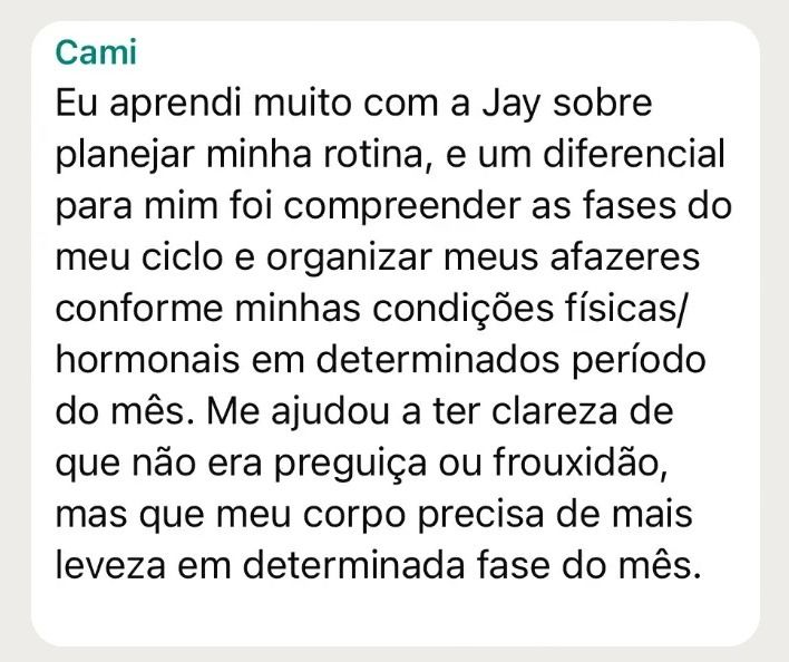 Print de depoimento real da Cami sobre o Rotina Flex