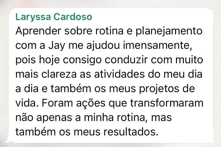 Print de depoimento real da Laryssa sobre o Rotina Flex