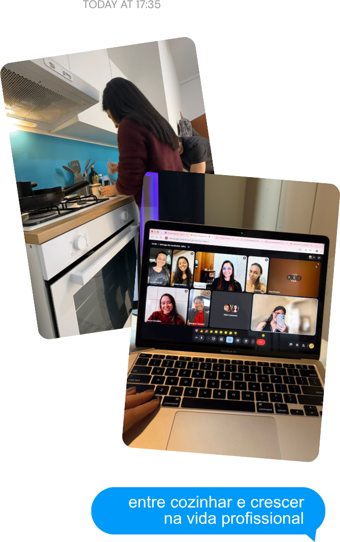 Colagem de fotos reais: Jayne cozinhando em casa e, ao lado, uma reunião de trabalho no notebook
