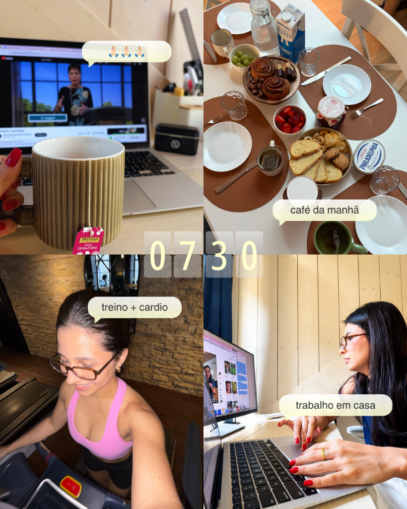 Grade de fotos do dia da Jayne: chá com aula no notebook às 7h30, café da manhã posto, treino na academia e trabalho em casa